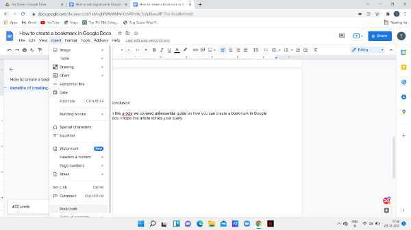 How To Create A Bookmark In Google Docs